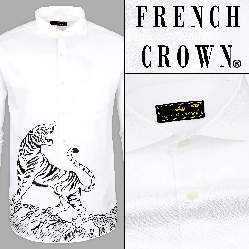 Bright White Tiger Hand Painted Royal Oxford Designer Shirt