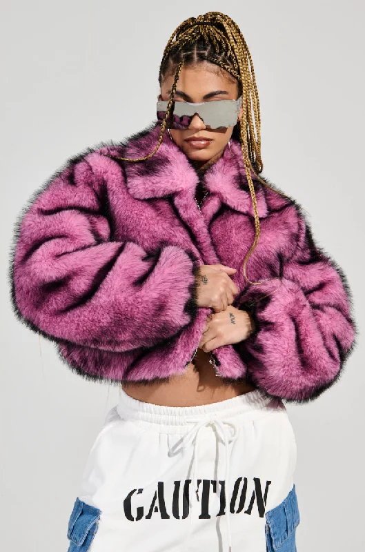 NOW YOU SEE ME FAUX FUR BOMBER IN PINK