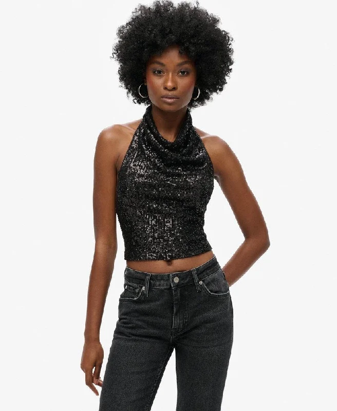 Cowl Halter Neck Sequin Top | Black Plain Sequin